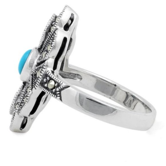 925 STERLING SILVER Simulated Turquoise Marcasite Ring - Picture 13 of 15